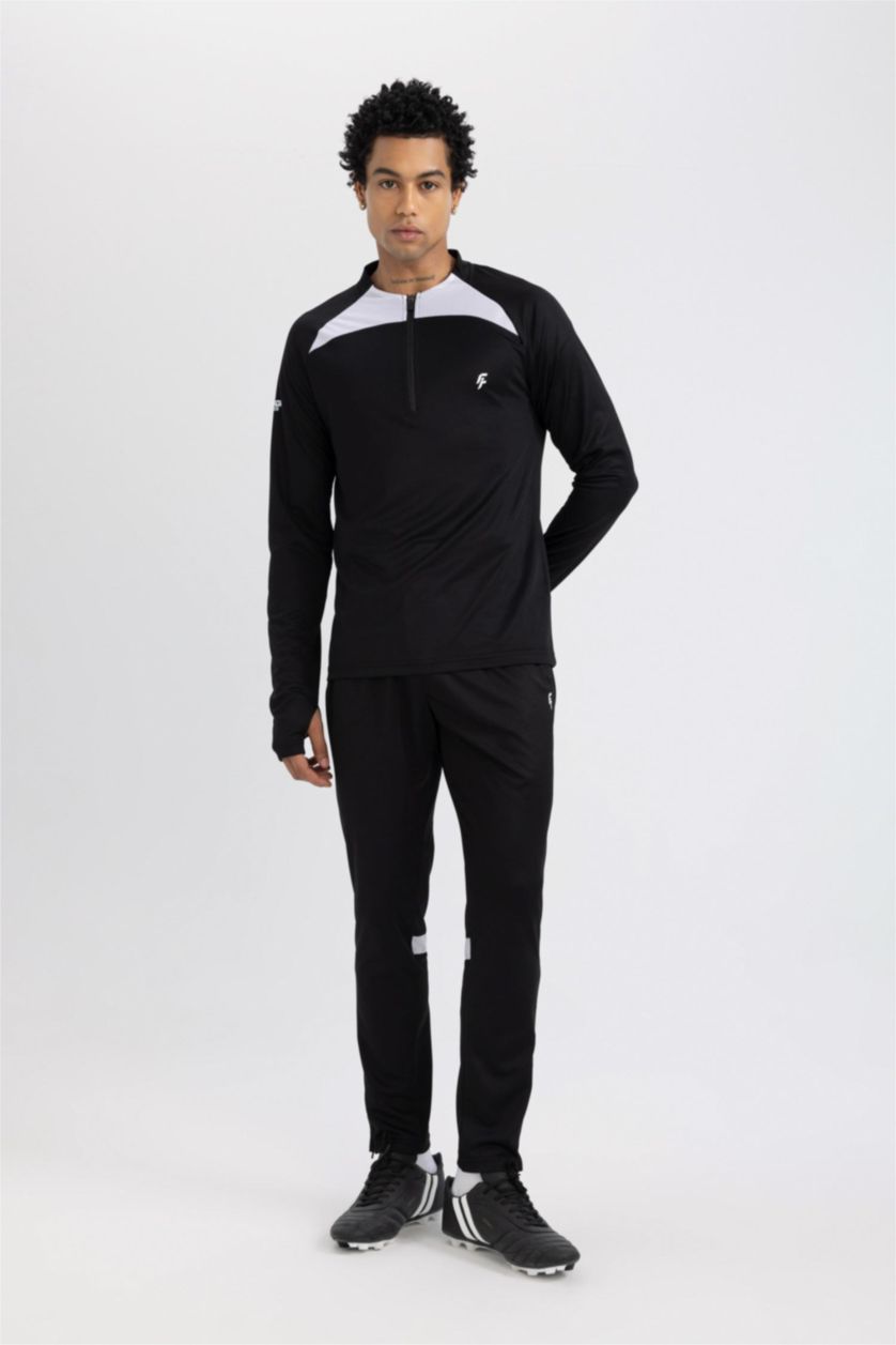 Erkek Siyah Slim Fit Dar Kesim Dik Yaka Fermuarlı Baskılı Ağır Kumaş Sporcu Sweatshirt