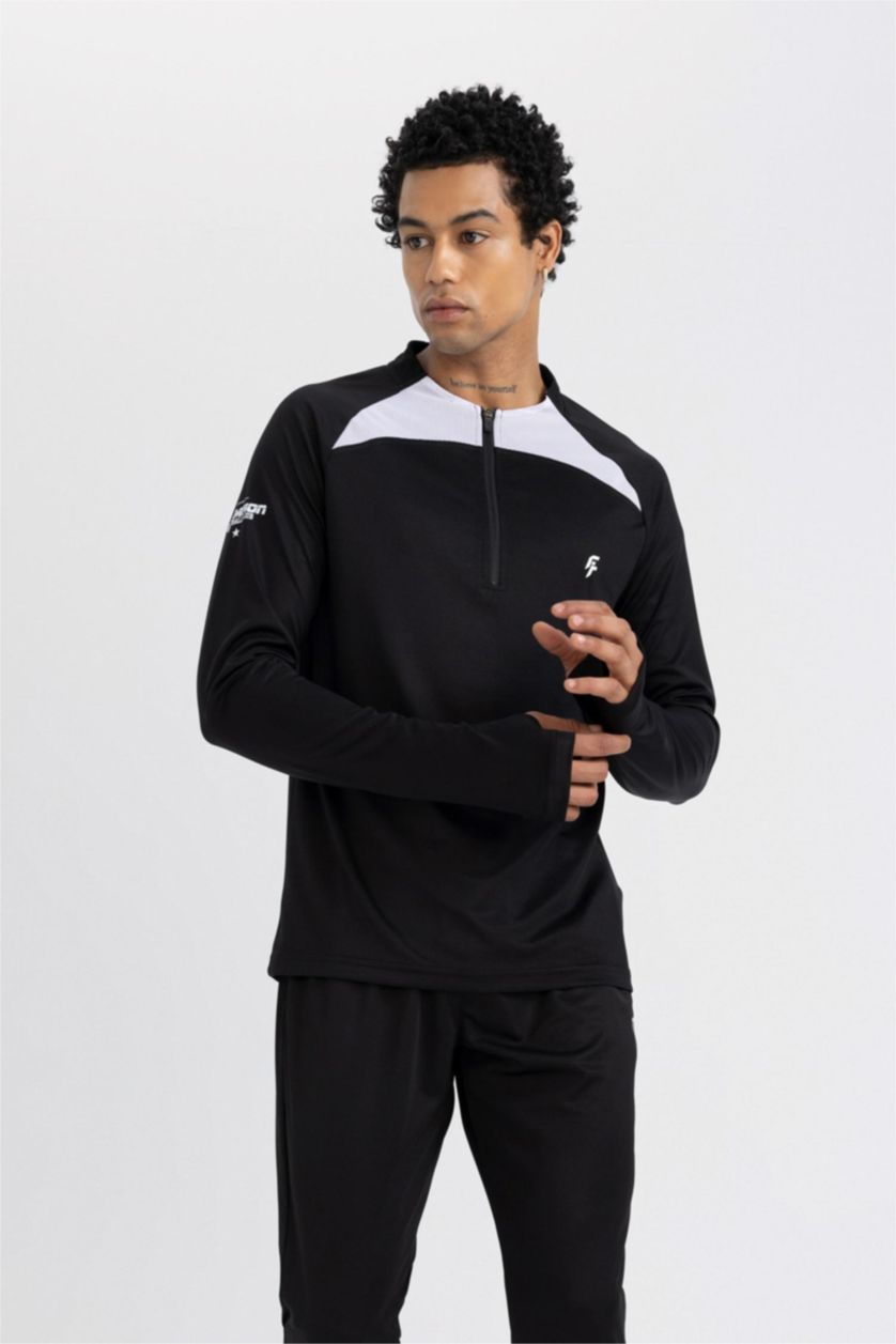 Erkek Siyah Slim Fit Dar Kesim Dik Yaka Fermuarlı Baskılı Ağır Kumaş Sporcu Sweatshirt