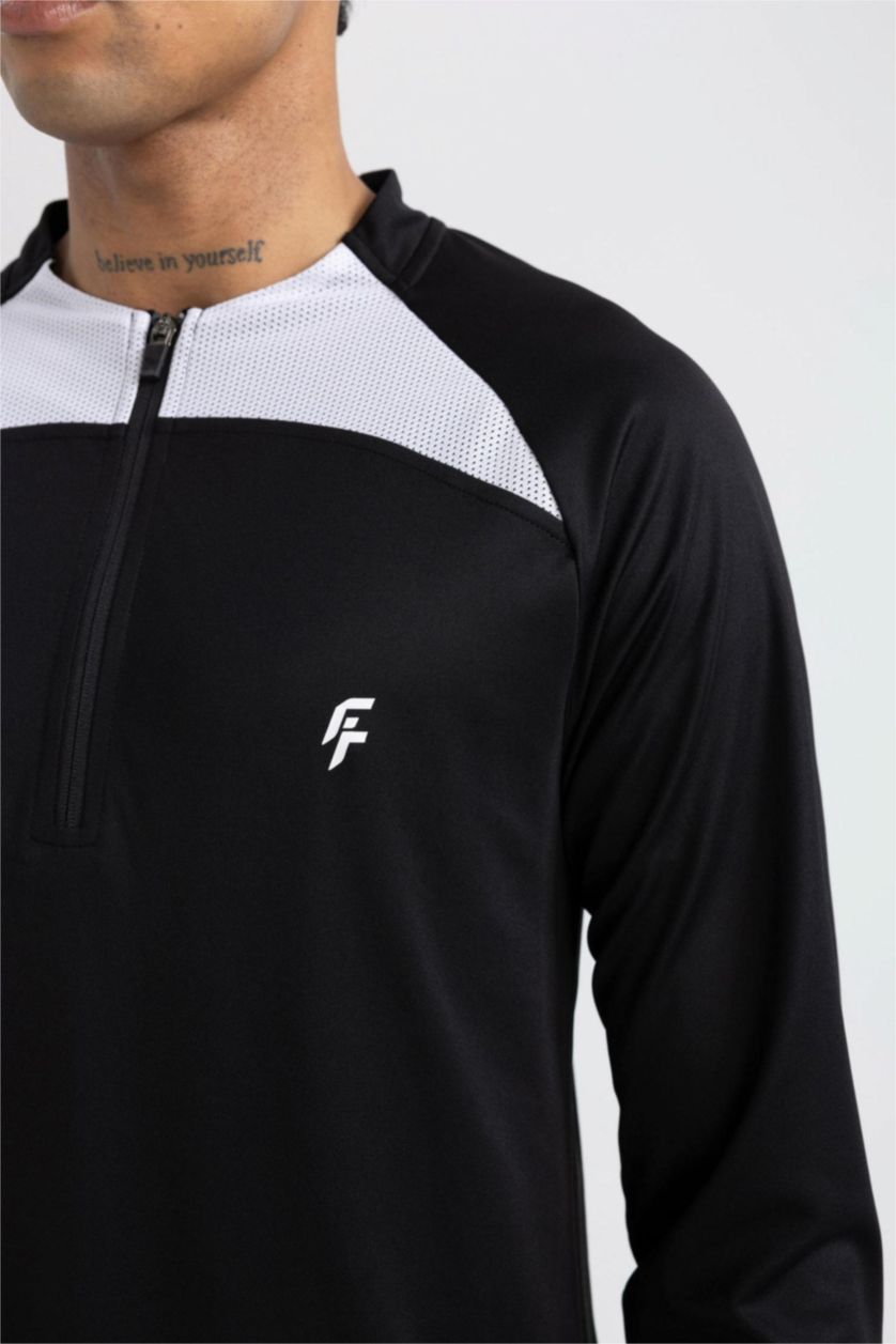 Erkek Siyah Slim Fit Dar Kesim Dik Yaka Fermuarlı Baskılı Ağır Kumaş Sporcu Sweatshirt