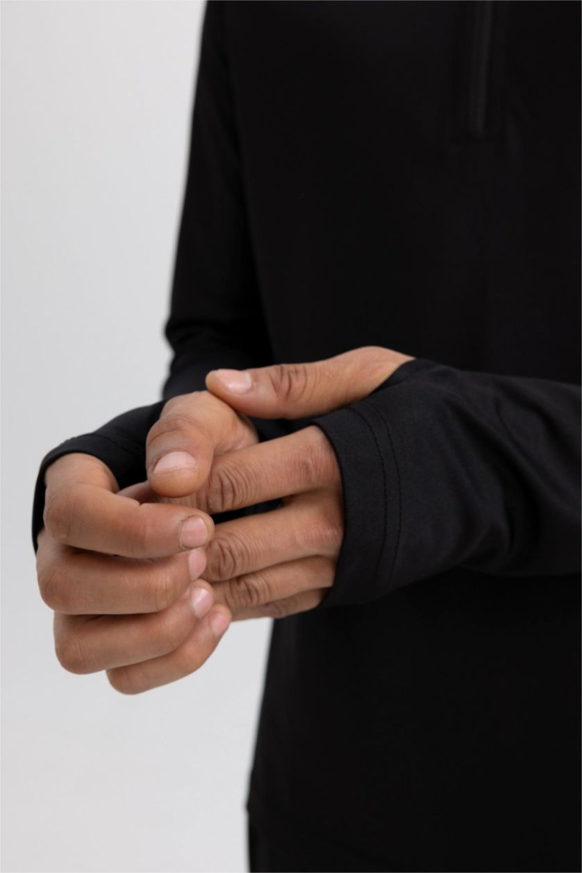 Erkek Siyah Slim Fit Dar Kesim Dik Yaka Fermuarlı Baskılı Ağır Kumaş Sporcu Sweatshirt