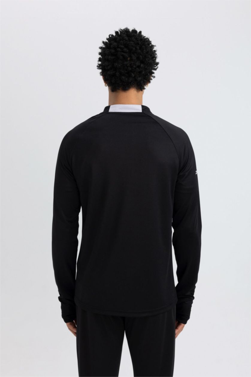 Erkek Siyah Slim Fit Dar Kesim Dik Yaka Fermuarlı Baskılı Ağır Kumaş Sporcu Sweatshirt