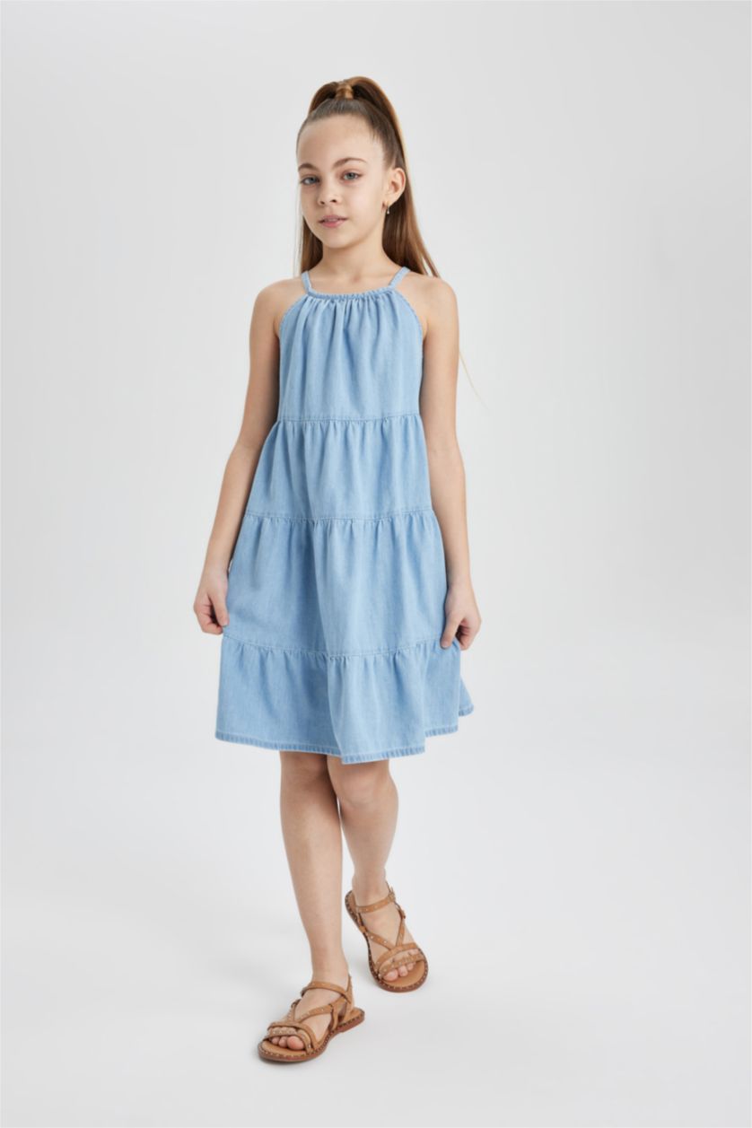 بنات أزرق ثلجي فستان جينز بناتي بدون كم