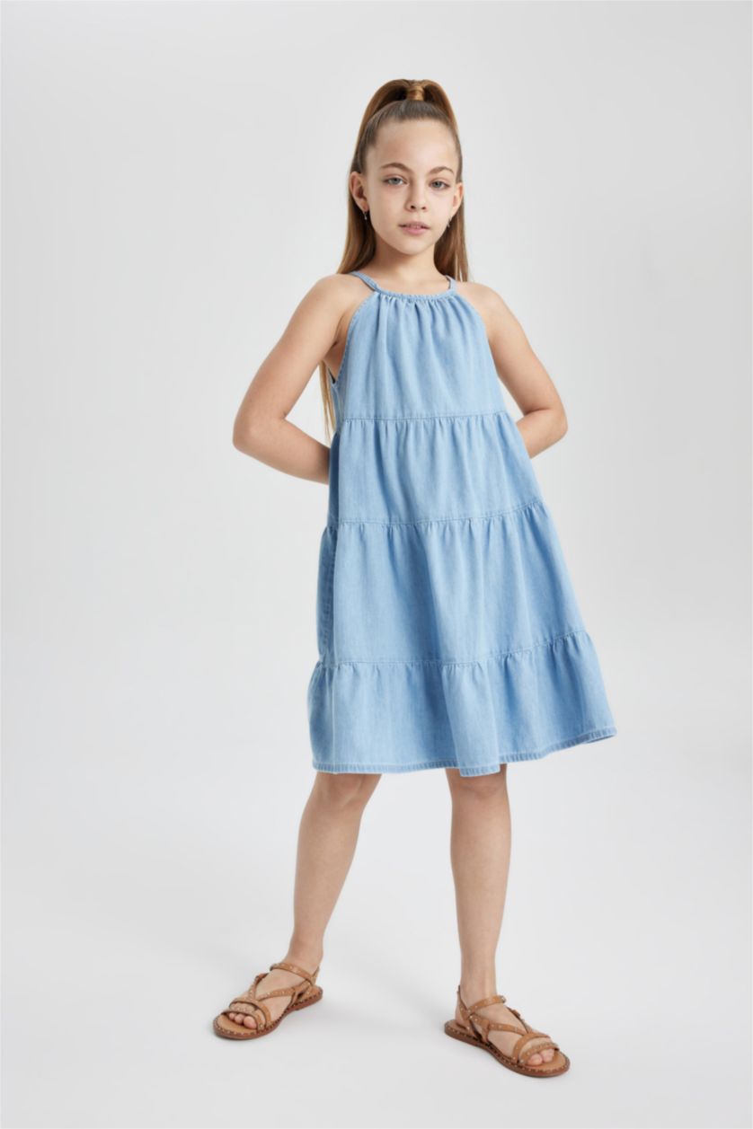 بنات أزرق ثلجي فستان جينز بناتي بدون كم