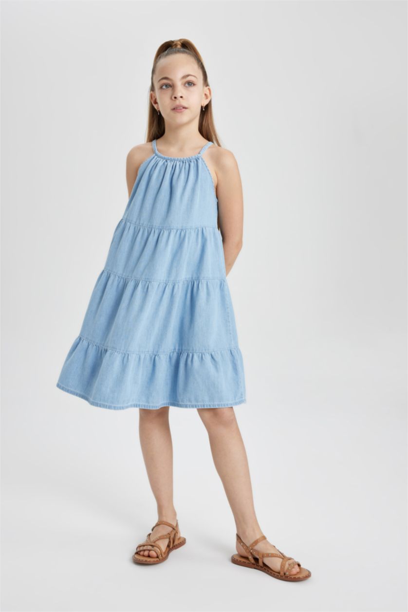 بنات أزرق ثلجي فستان جينز بناتي بدون كم