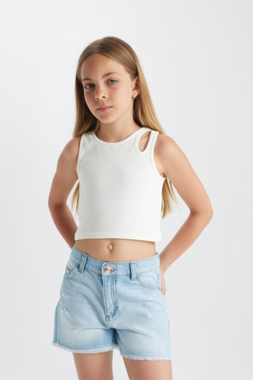 Kız Çocuk - Genç Kız Buz Mavi Yırtık Detaylı Jean Şort Kız Çocuk