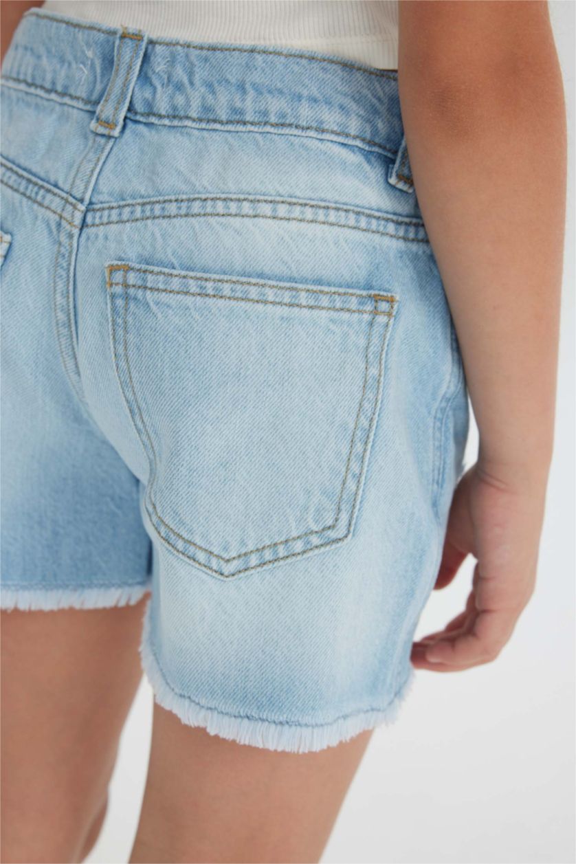 Kız Çocuk - Genç Kız Buz Mavi Yırtık Detaylı Jean Şort Kız Çocuk