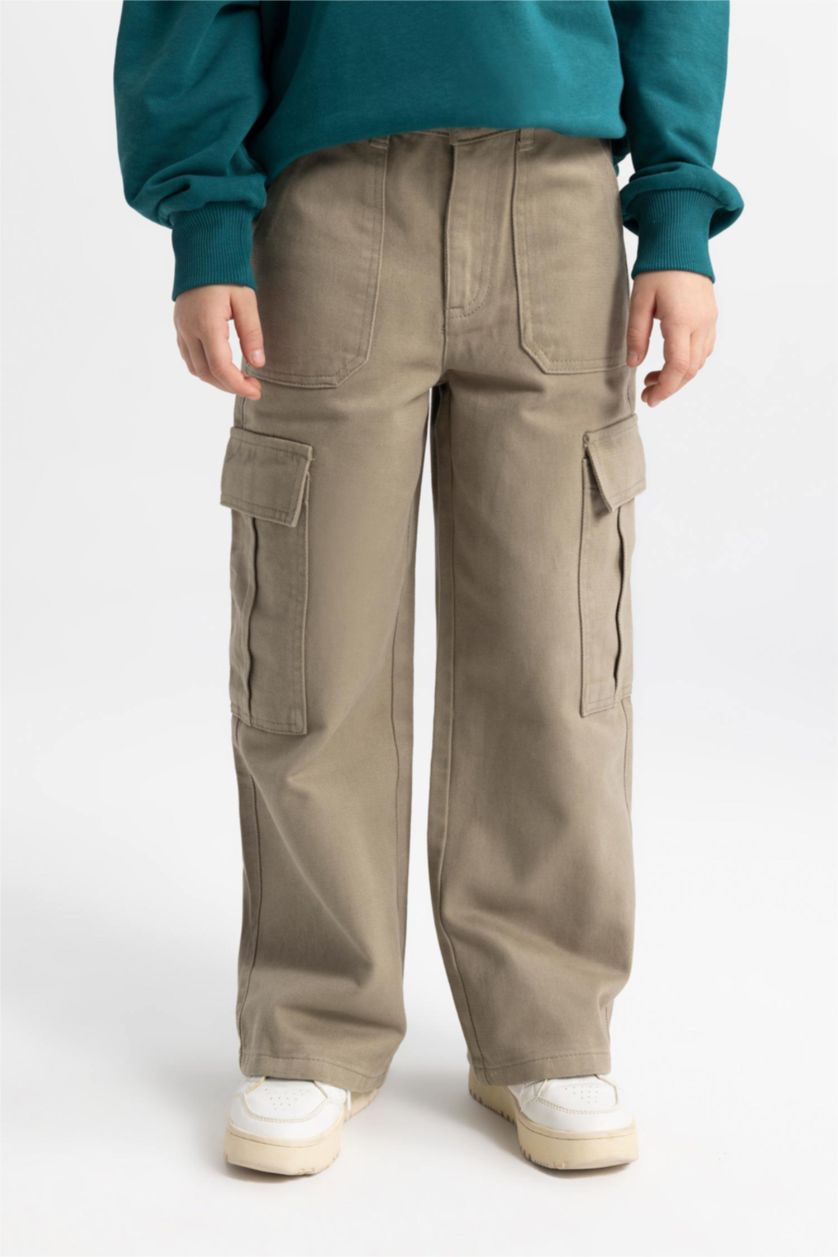 بنات كاكي بنطرون كارجو بناتي قطن وايد ليج برجل واسع