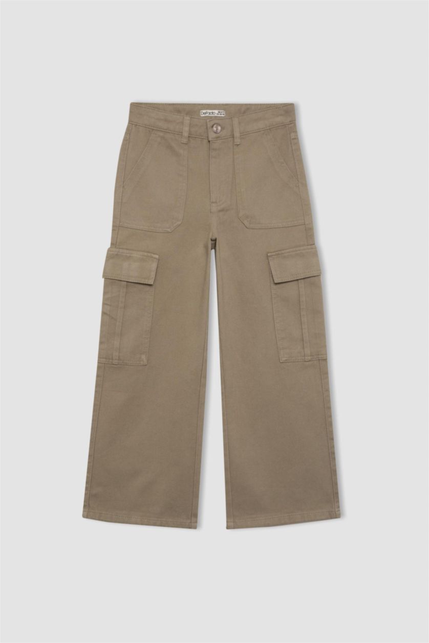 بنات كاكي بنطرون كارجو بناتي قطن وايد ليج برجل واسع