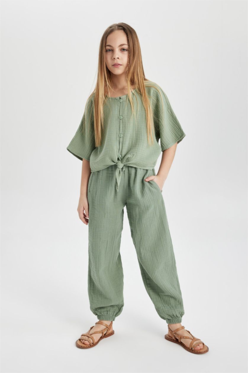 Kız Çocuk - Genç Kız Açık Yeşil Önden Bağlamalı Kısa Kollu Bluz Kız Çocuk