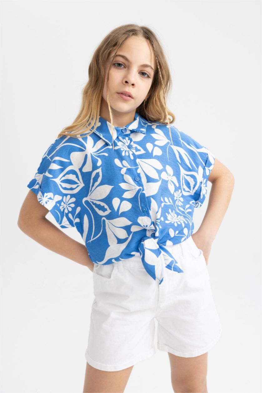 FILLES Bleu Foncé Chemise Courte à Motifs à Manches Courtes pour Fille