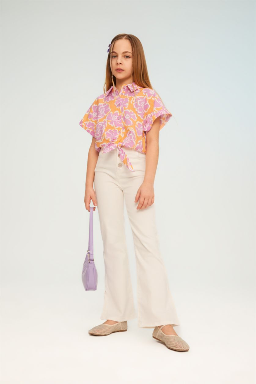 Kız Çocuk - Genç Kız Lila Kız Çocuk Crop Kısa Kollu Desenli Gömlek