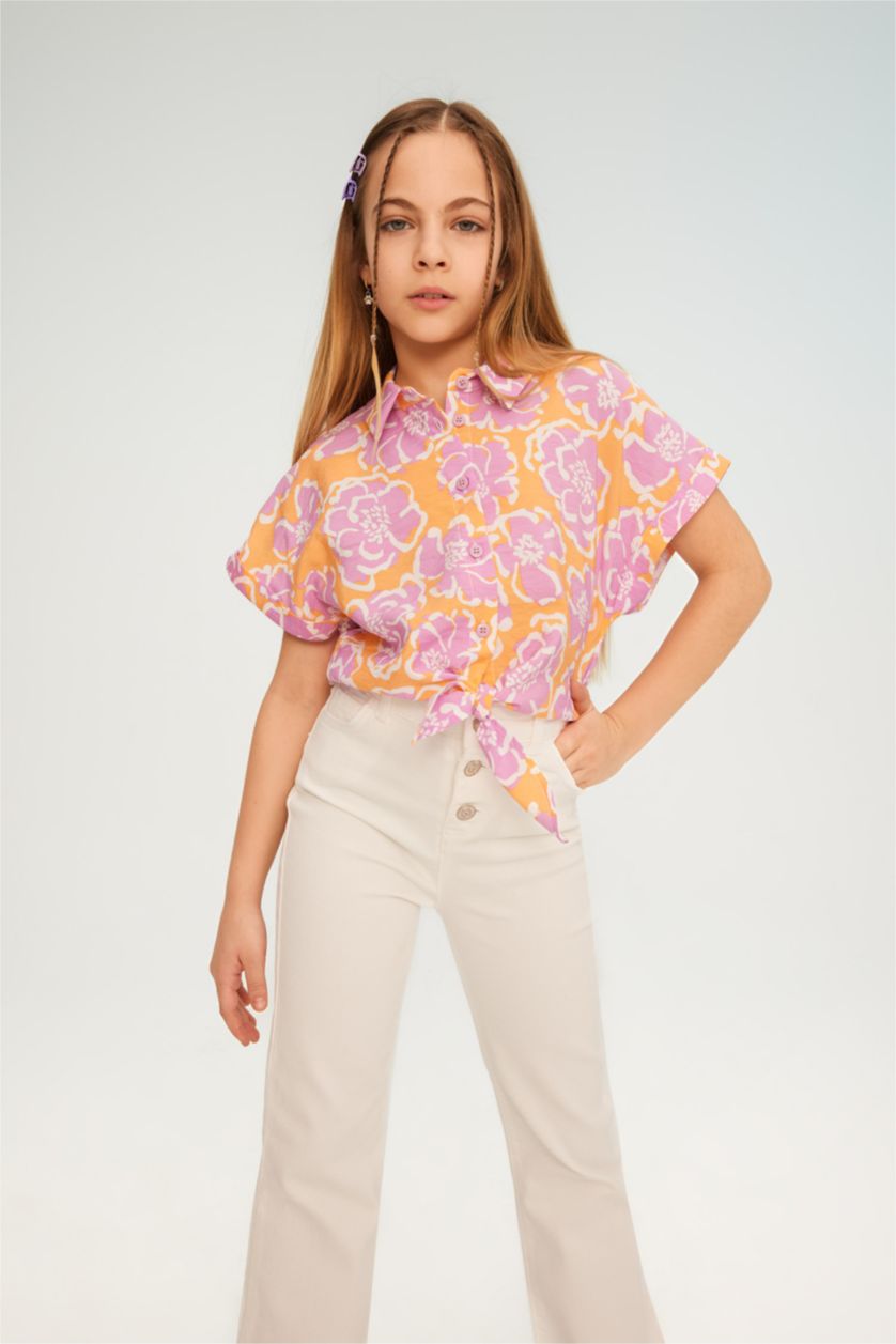 Kız Çocuk - Genç Kız Lila Kız Çocuk Crop Kısa Kollu Desenli Gömlek