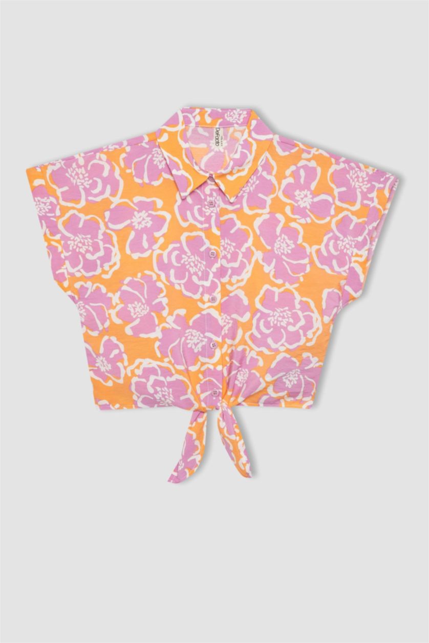 Kız Çocuk - Genç Kız Lila Kız Çocuk Crop Kısa Kollu Desenli Gömlek