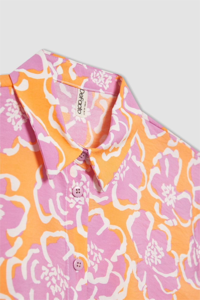 Kız Çocuk - Genç Kız Lila Kız Çocuk Crop Kısa Kollu Desenli Gömlek