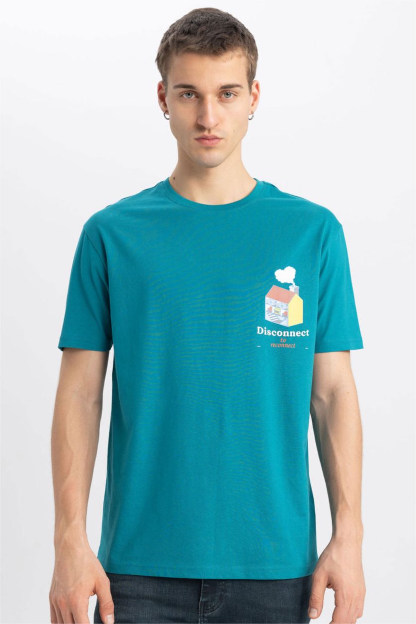 Erkek Petrol Regular Fit Bisiklet Yaka Baskılı Kısa Kollu Tişört