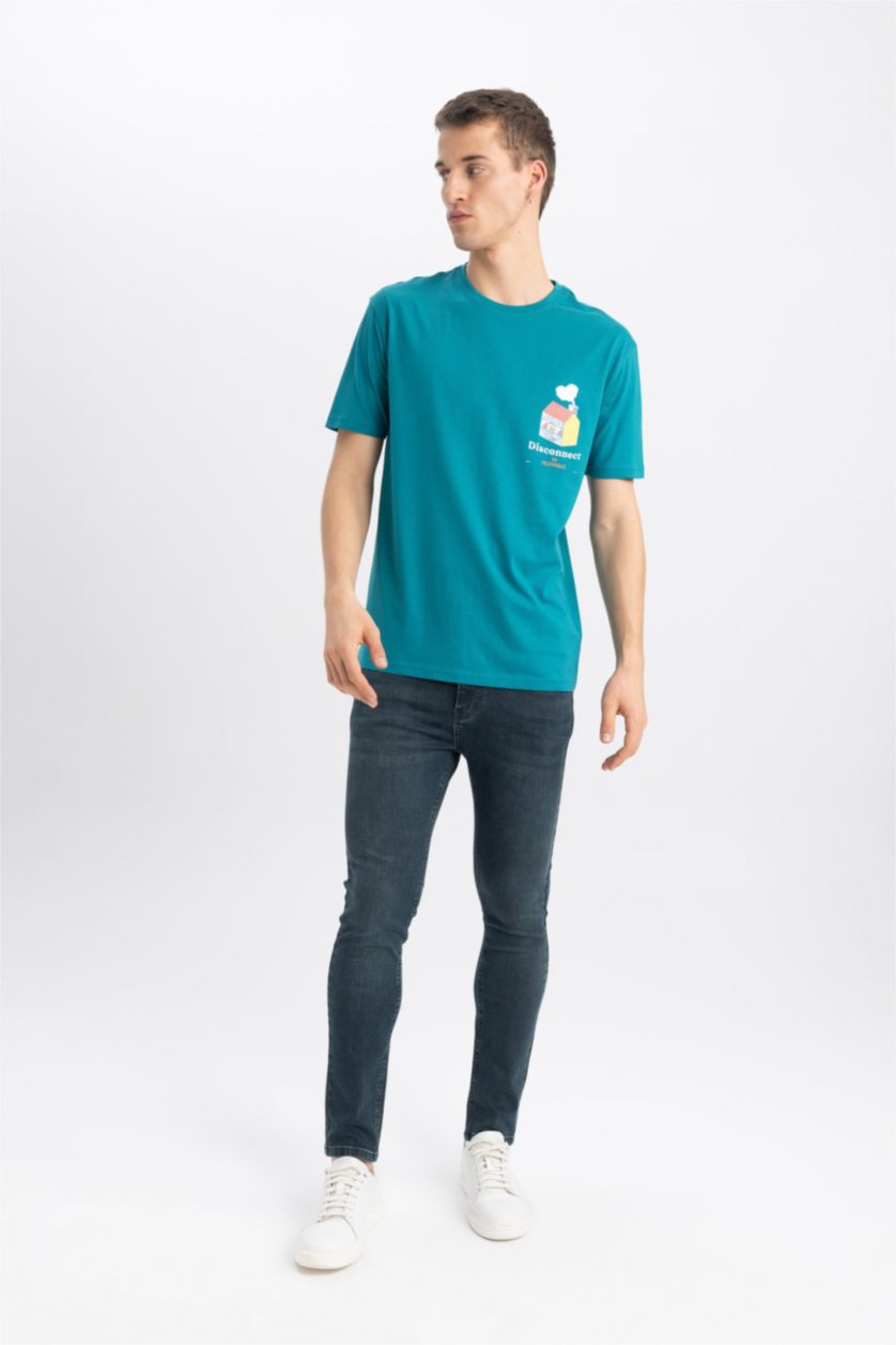 Erkek Petrol Regular Fit Bisiklet Yaka Baskılı Kısa Kollu Tişört