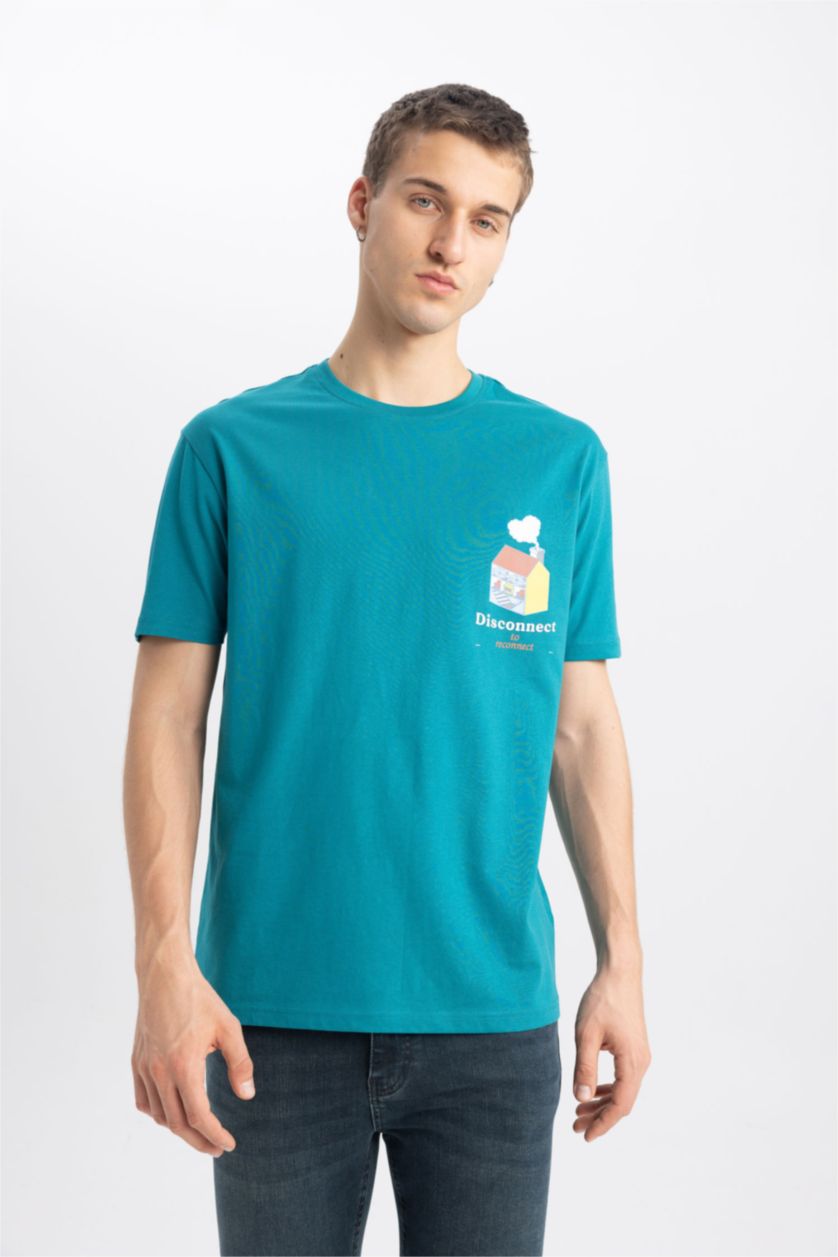 Erkek Petrol Regular Fit Bisiklet Yaka Baskılı Kısa Kollu Tişört