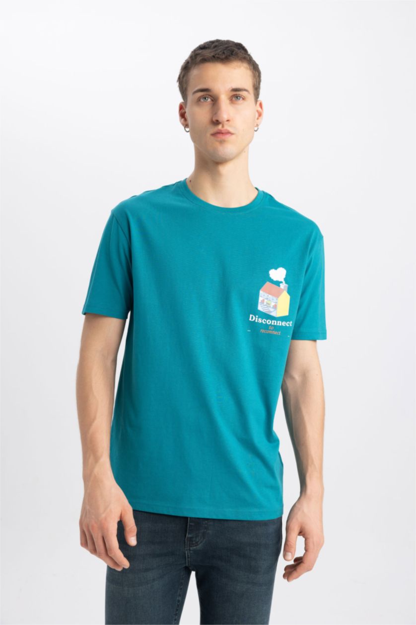 Erkek Petrol Regular Fit Bisiklet Yaka Baskılı Kısa Kollu Tişört