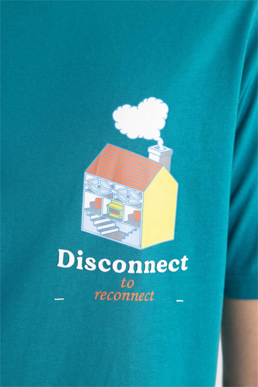 Erkek Petrol Regular Fit Bisiklet Yaka Baskılı Kısa Kollu Tişört