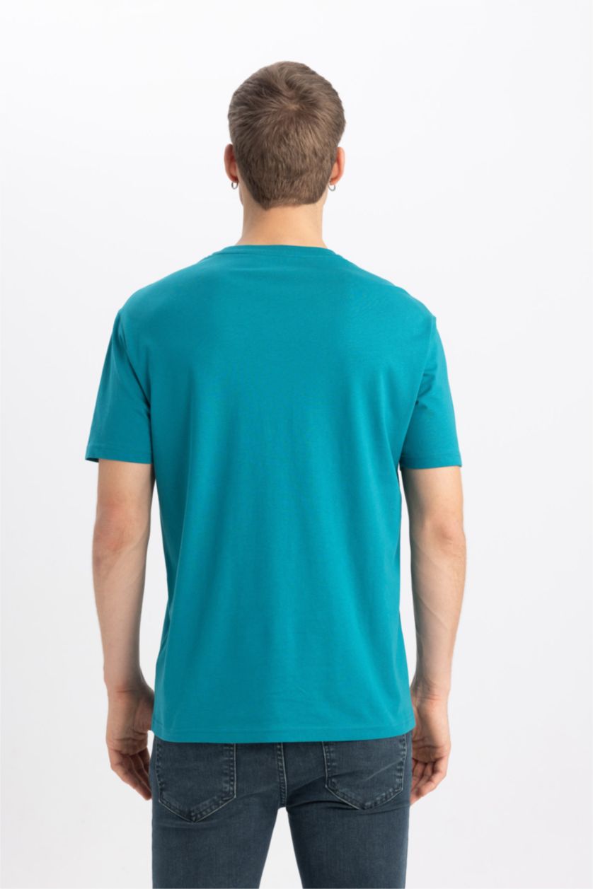 Erkek Petrol Regular Fit Bisiklet Yaka Baskılı Kısa Kollu Tişört