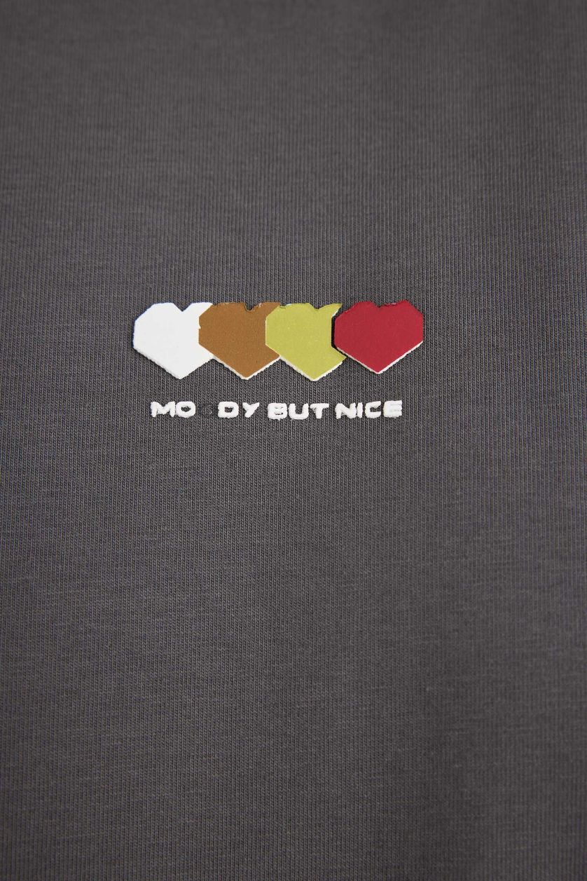 Erkek Gri %100 Pamuk Regular Fit Bisiklet Yaka Baskılı Kısa Kollu Tişört