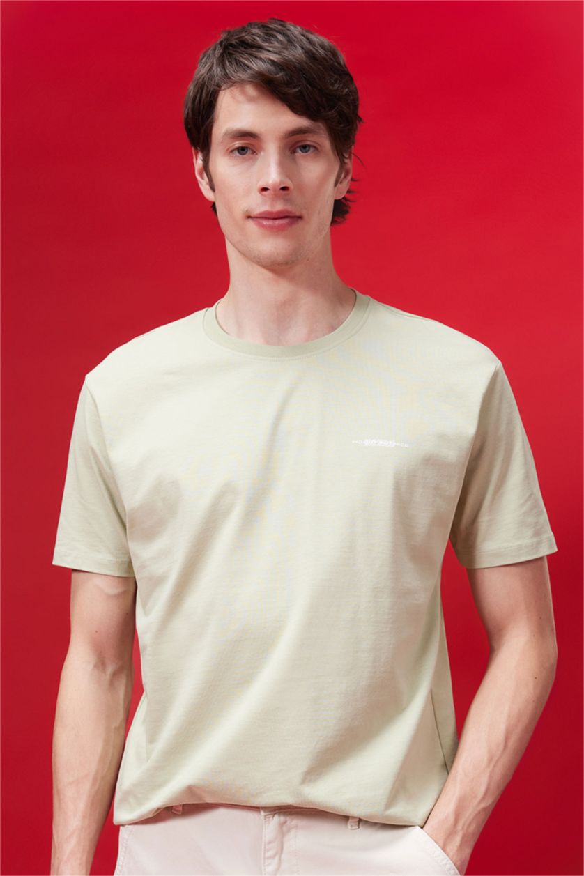 Erkek Açık Yeşil Regular Fit Bisiklet Yaka Baskılı Kısa Kollu Tişört