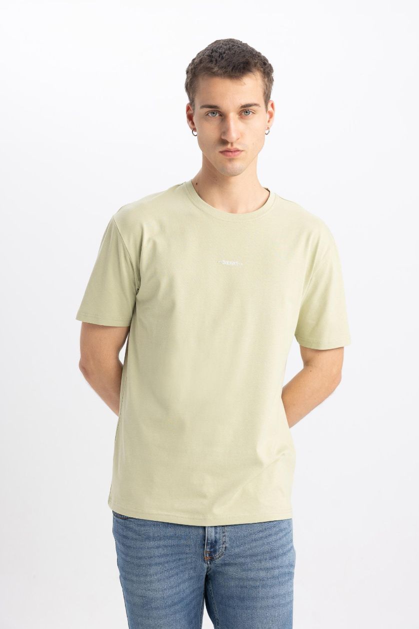Erkek Açık Yeşil Regular Fit Bisiklet Yaka Baskılı Kısa Kollu Tişört