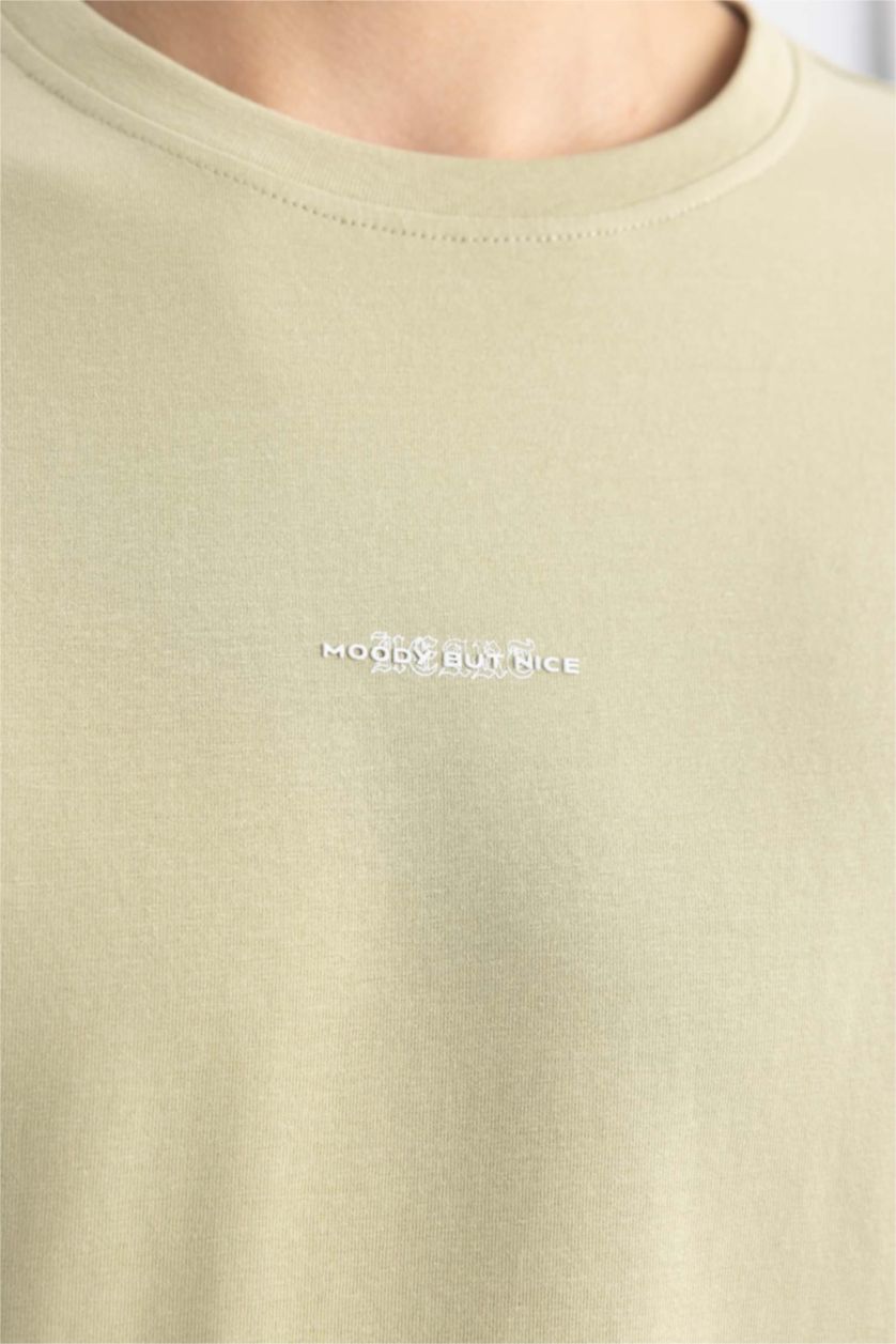 Erkek Açık Yeşil Regular Fit Bisiklet Yaka Baskılı Kısa Kollu Tişört