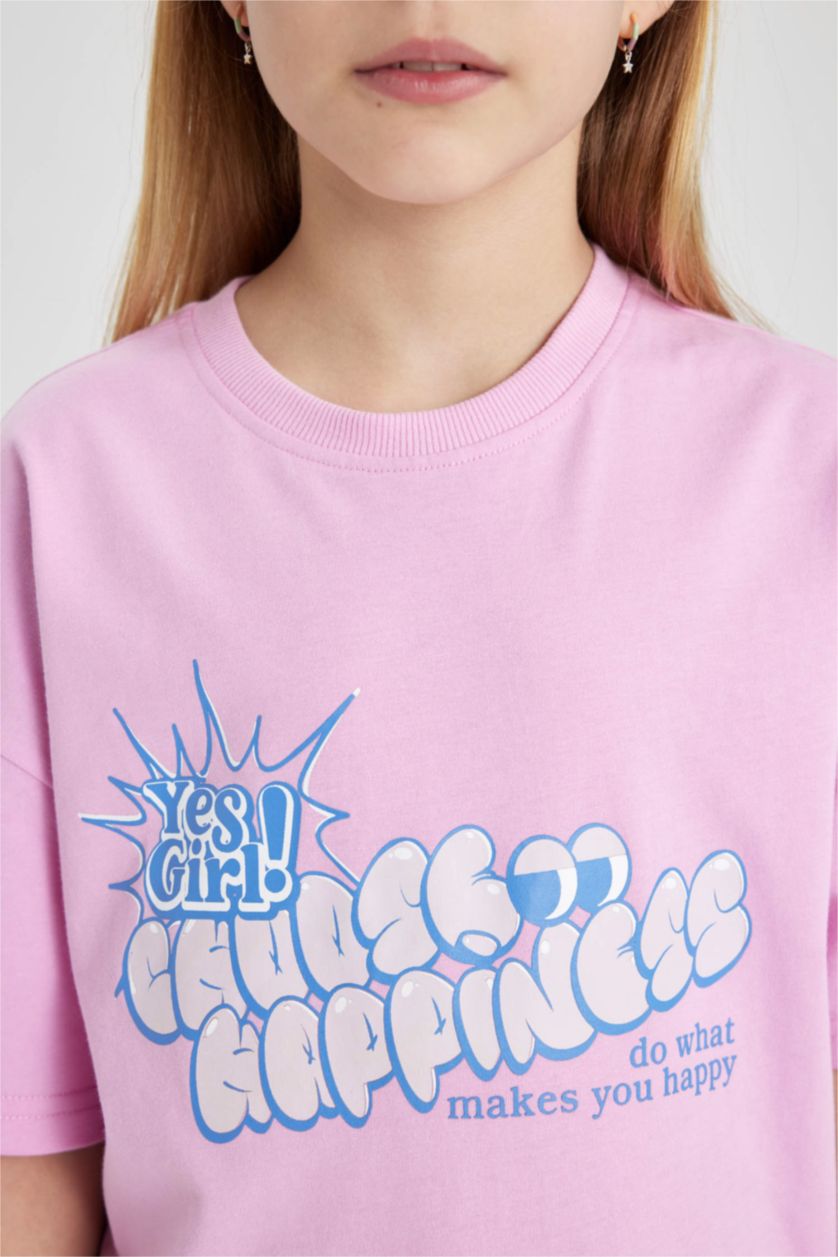 Kız Çocuk - Genç Kız Pembe Kız Çocuk Relax Fit Bisiklet Yaka Baskılı Kısa Kollu Tişört
