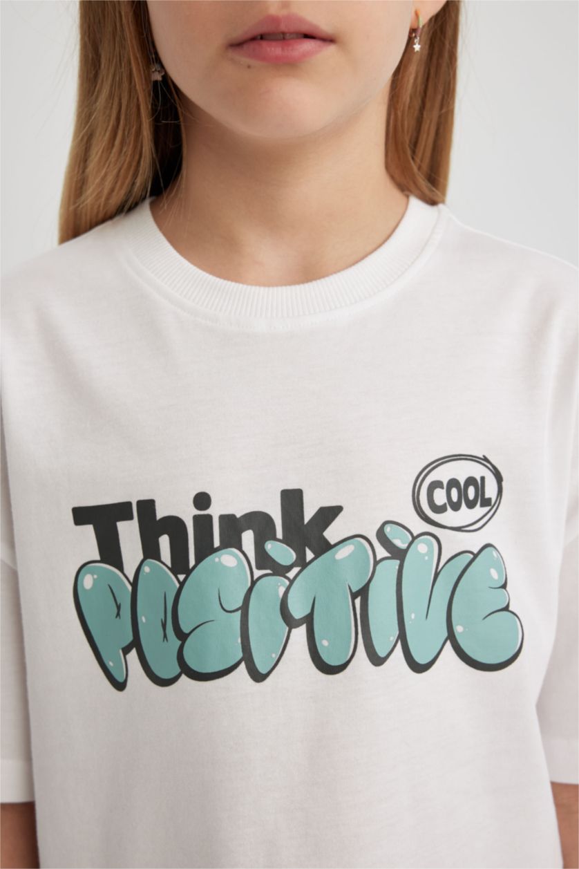 Kız Çocuk - Genç Kız Beyaz Kız Çocuk Relax Fit Bisiklet Yaka Baskılı Kısa Kollu Tişört