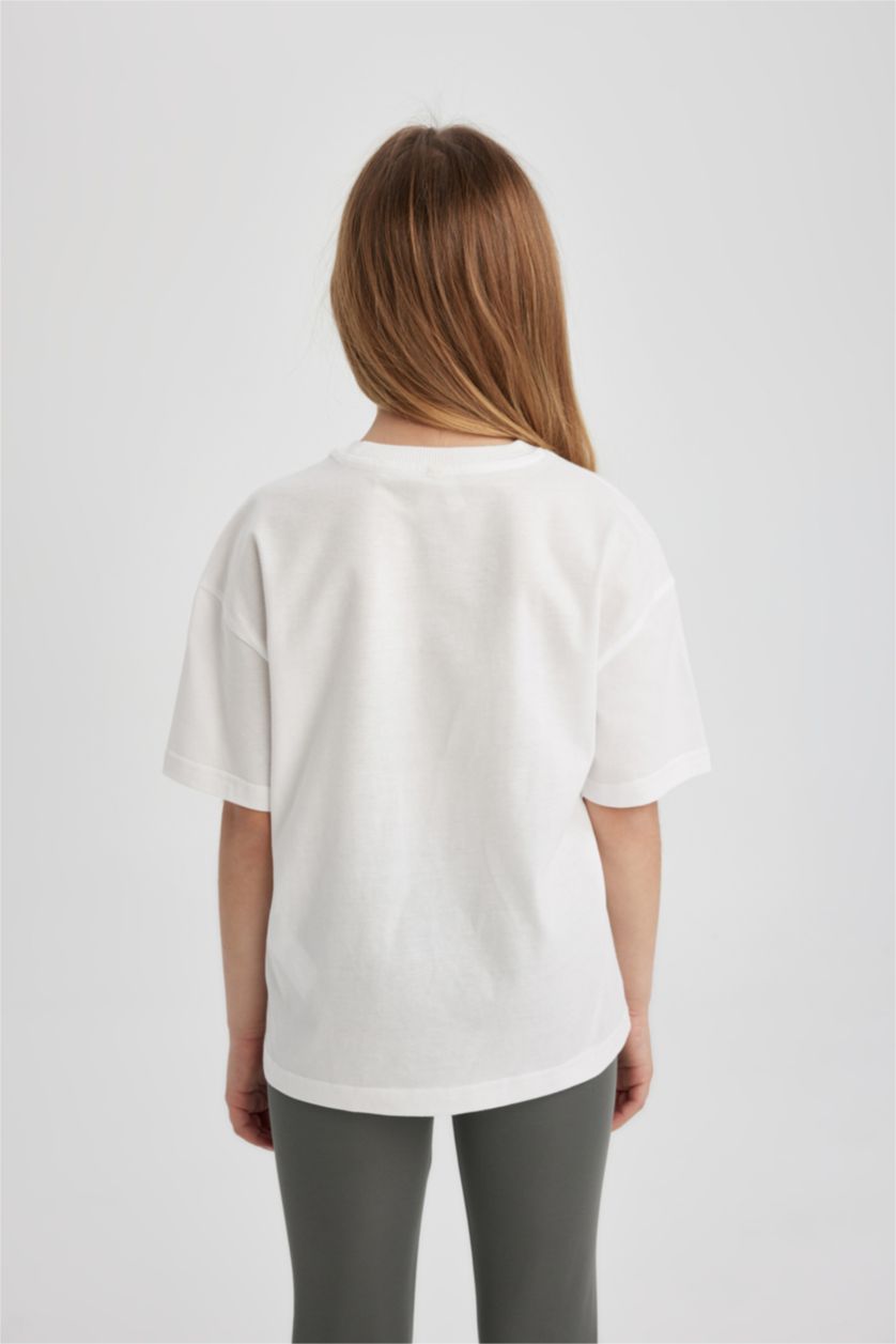 Kız Çocuk - Genç Kız Beyaz Kız Çocuk Relax Fit Bisiklet Yaka Baskılı Kısa Kollu Tişört