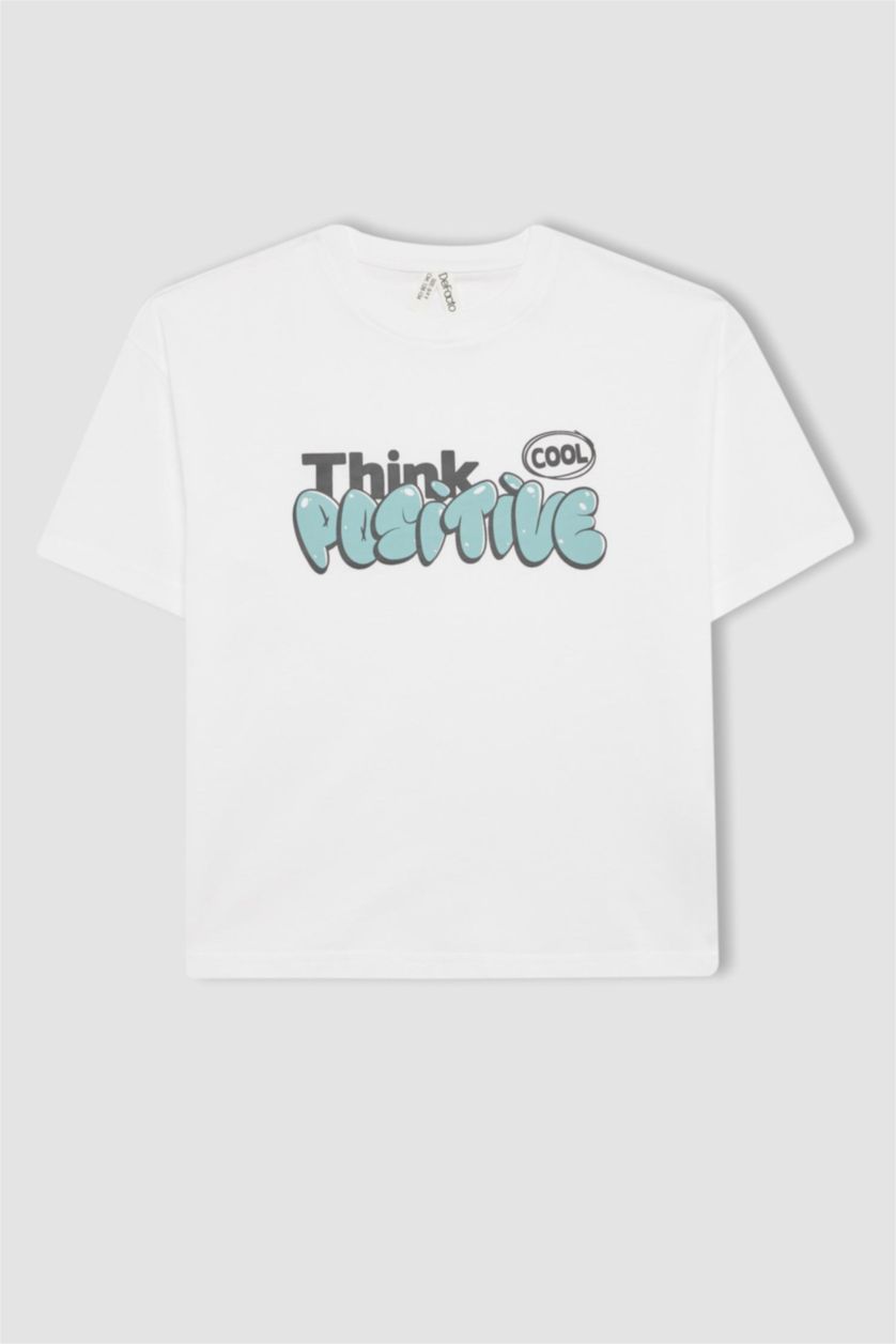 Kız Çocuk - Genç Kız Beyaz Kız Çocuk Relax Fit Bisiklet Yaka Baskılı Kısa Kollu Tişört