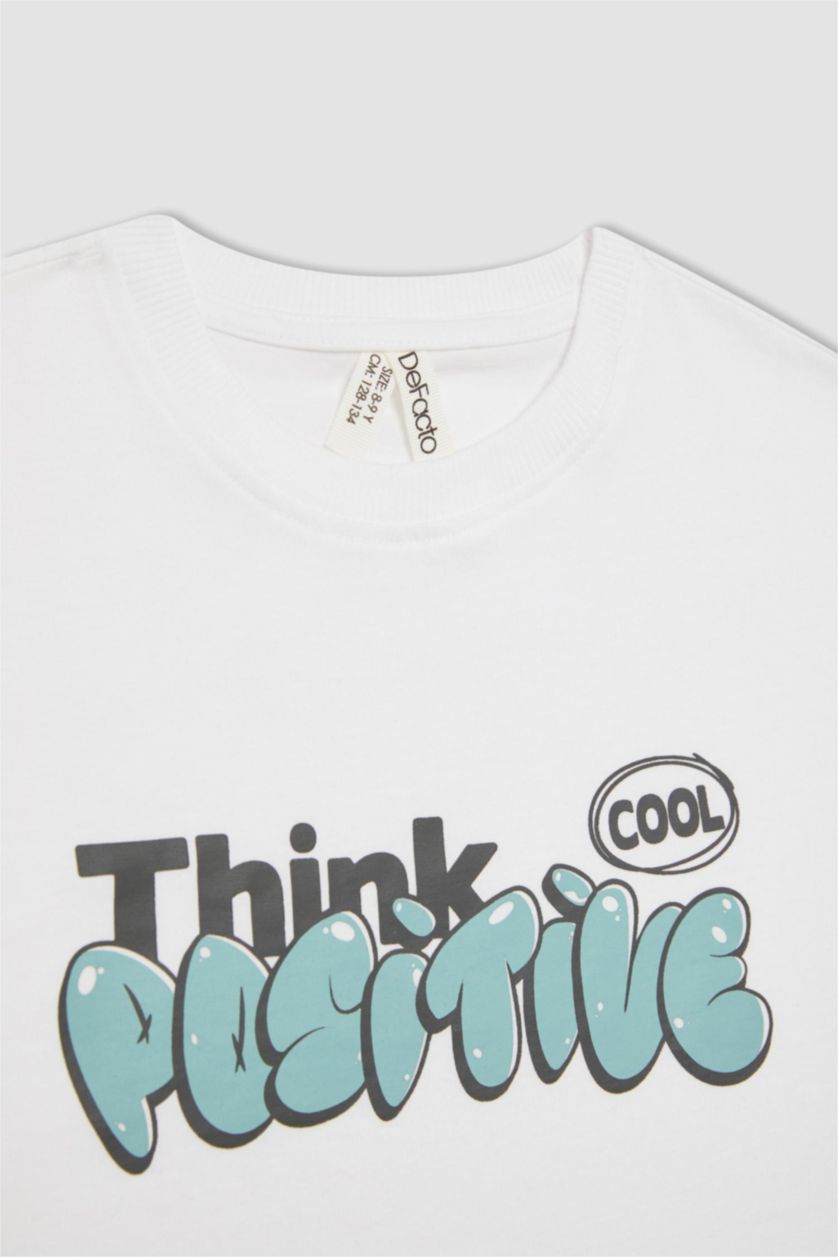 Kız Çocuk - Genç Kız Beyaz Kız Çocuk Relax Fit Bisiklet Yaka Baskılı Kısa Kollu Tişört