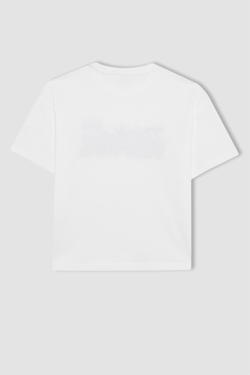 Kız Çocuk - Genç Kız Beyaz Kız Çocuk Relax Fit Bisiklet Yaka Baskılı Kısa Kollu Tişört