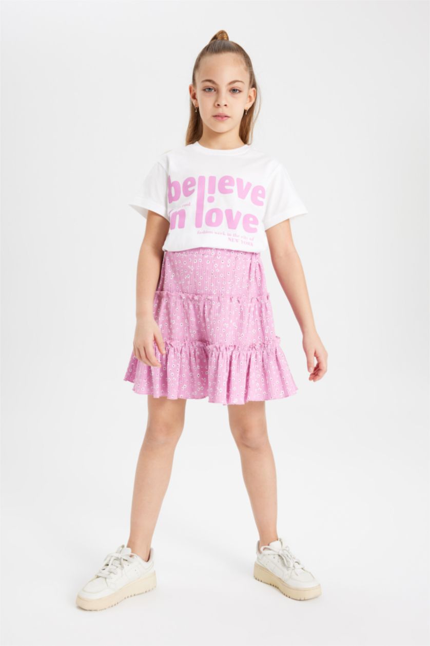 Kız Çocuk - Genç Kız Beyaz Kız Çocuk Bisiklet Yaka Baskılı Kısa Kollu Tişört