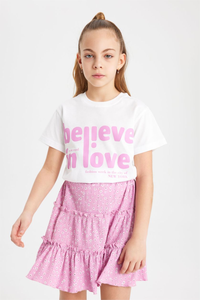 Kız Çocuk - Genç Kız Beyaz Kız Çocuk Bisiklet Yaka Baskılı Kısa Kollu Tişört