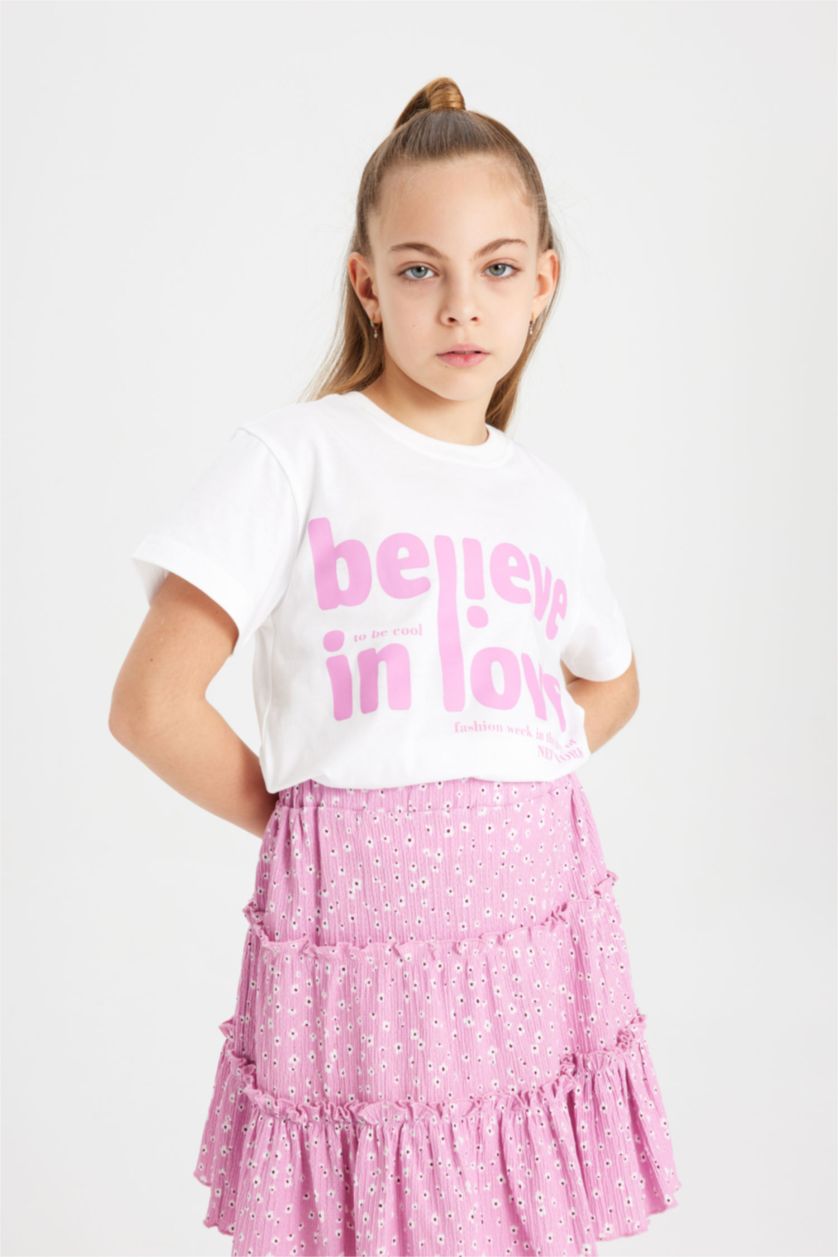 Kız Çocuk - Genç Kız Beyaz Kız Çocuk Bisiklet Yaka Baskılı Kısa Kollu Tişört