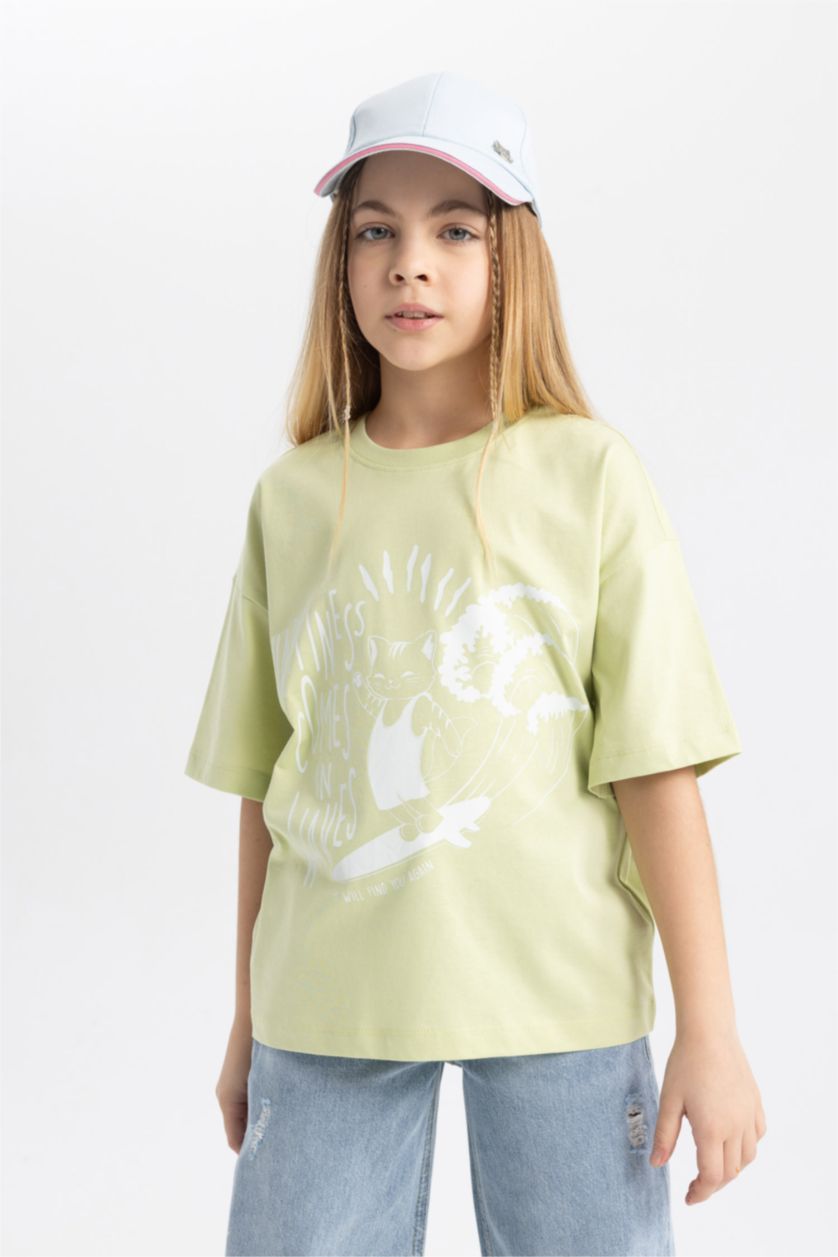 بنات أخضر فاتح تيشيرت بنات نص كم مطبوع قصة مريحة برقبة مستديرة