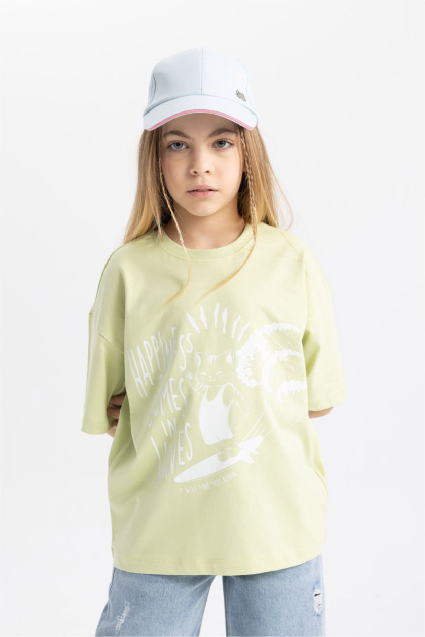 بنات أخضر فاتح تيشيرت بنات نص كم مطبوع قصة مريحة برقبة مستديرة