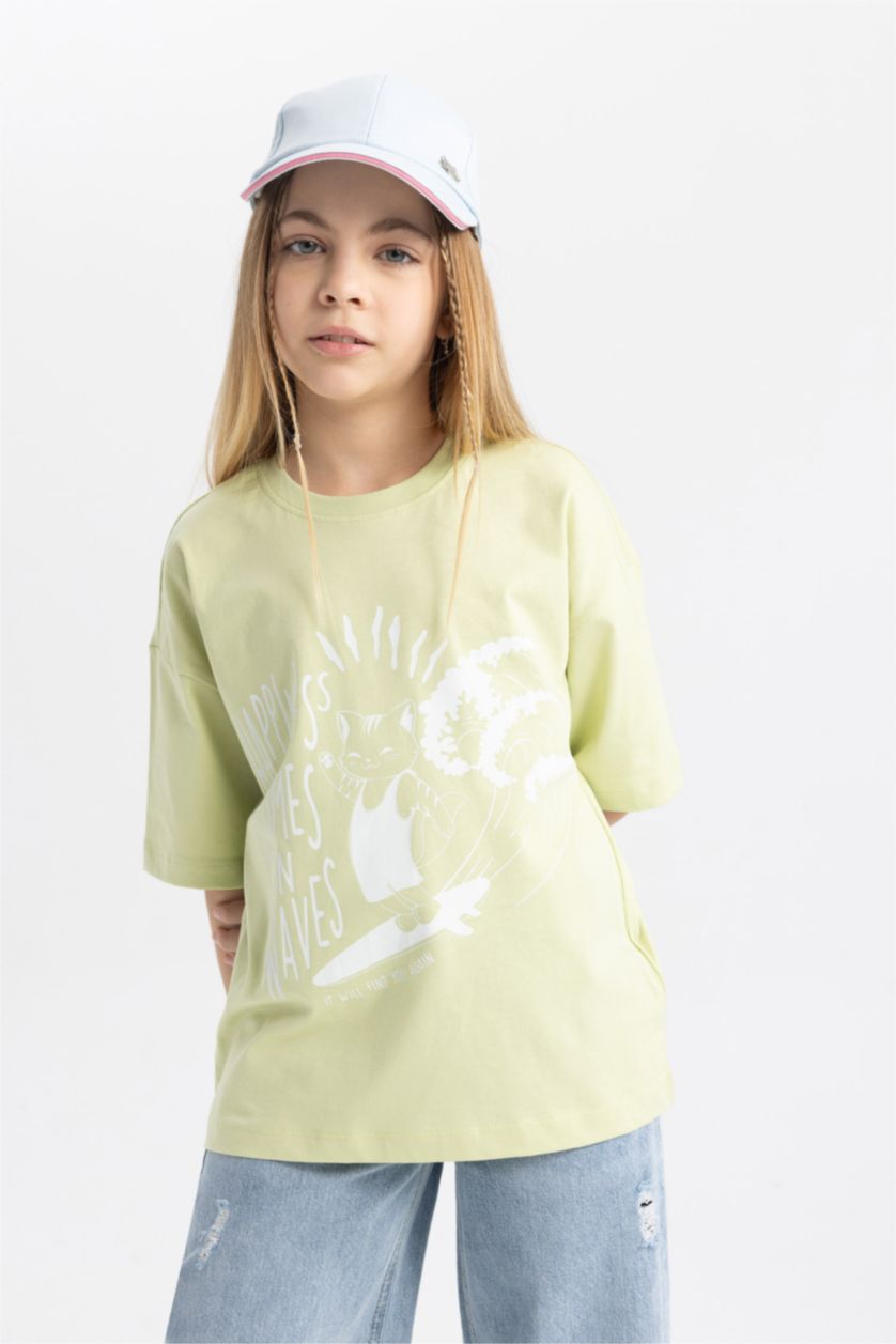 بنات أخضر فاتح تيشيرت بنات نص كم مطبوع قصة مريحة برقبة مستديرة