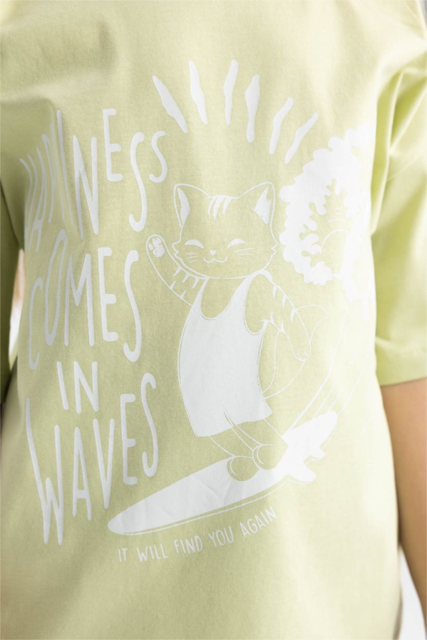 بنات أخضر فاتح تيشيرت بنات نص كم مطبوع قصة مريحة برقبة مستديرة