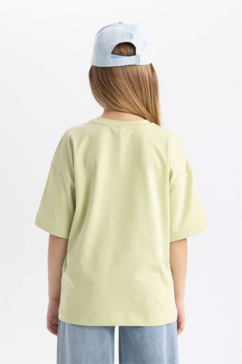 بنات أخضر فاتح تيشيرت بنات نص كم مطبوع قصة مريحة برقبة مستديرة