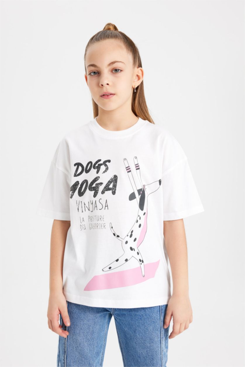 بناتي أبيض تيشيرت اوفر سايز بناتي نص كم بطباعة حيوان