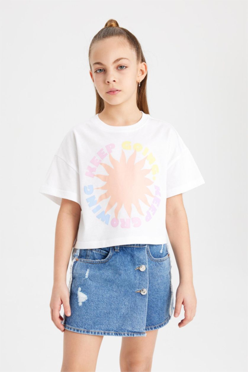 بنات أبيض تيشيرت بنات نص كم بطبعة شعار أوفر سايز