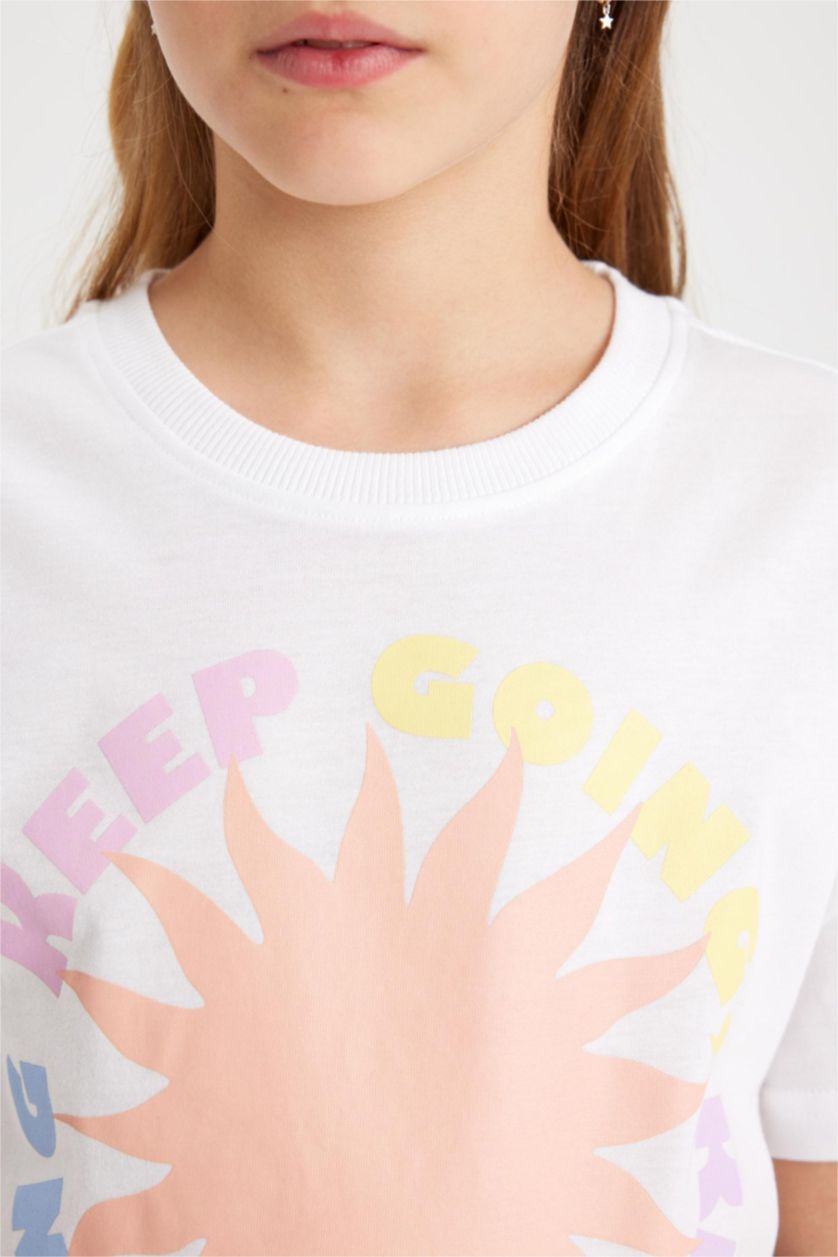 بنات أبيض تيشيرت بنات نص كم بطبعة شعار أوفر سايز