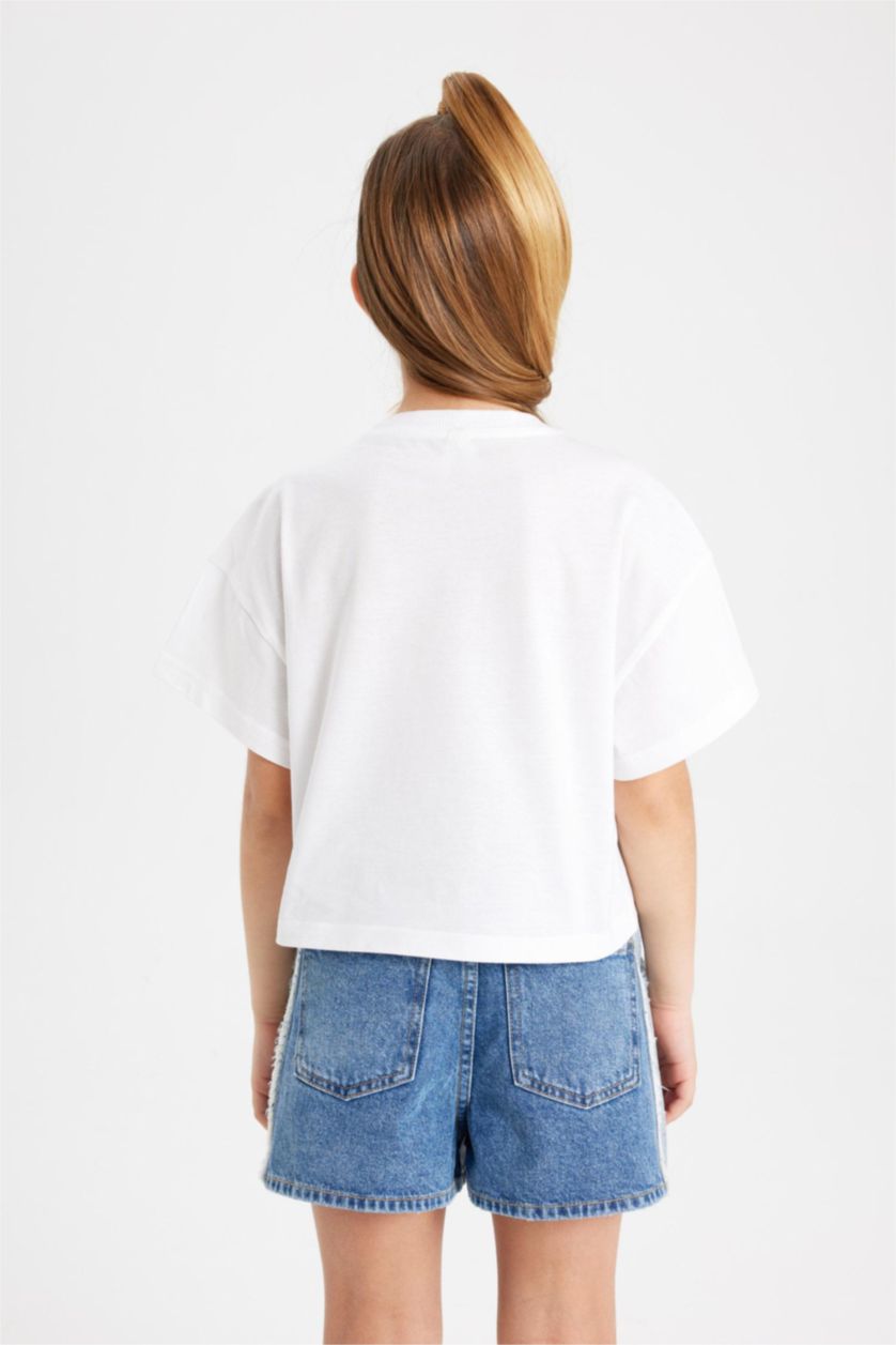 بنات أبيض تيشيرت بنات نص كم بطبعة شعار أوفر سايز