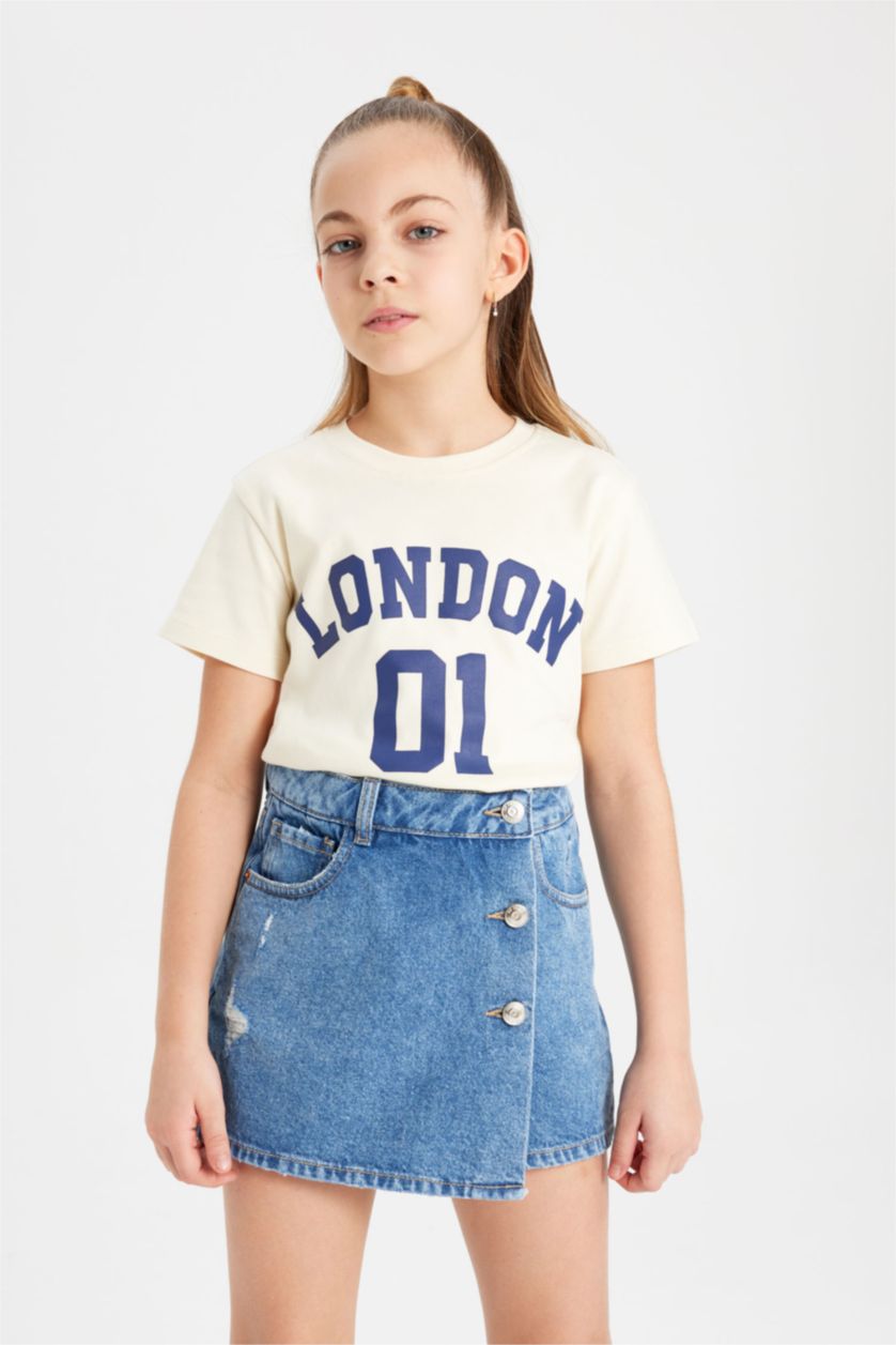 Kız Çocuk - Genç Kız Ekru Kız Çocuk Slim Fit Dar Kesim Bisiklet Yaka Fitilli Kaşkorse Baskılı Kısa Kollu Tişört