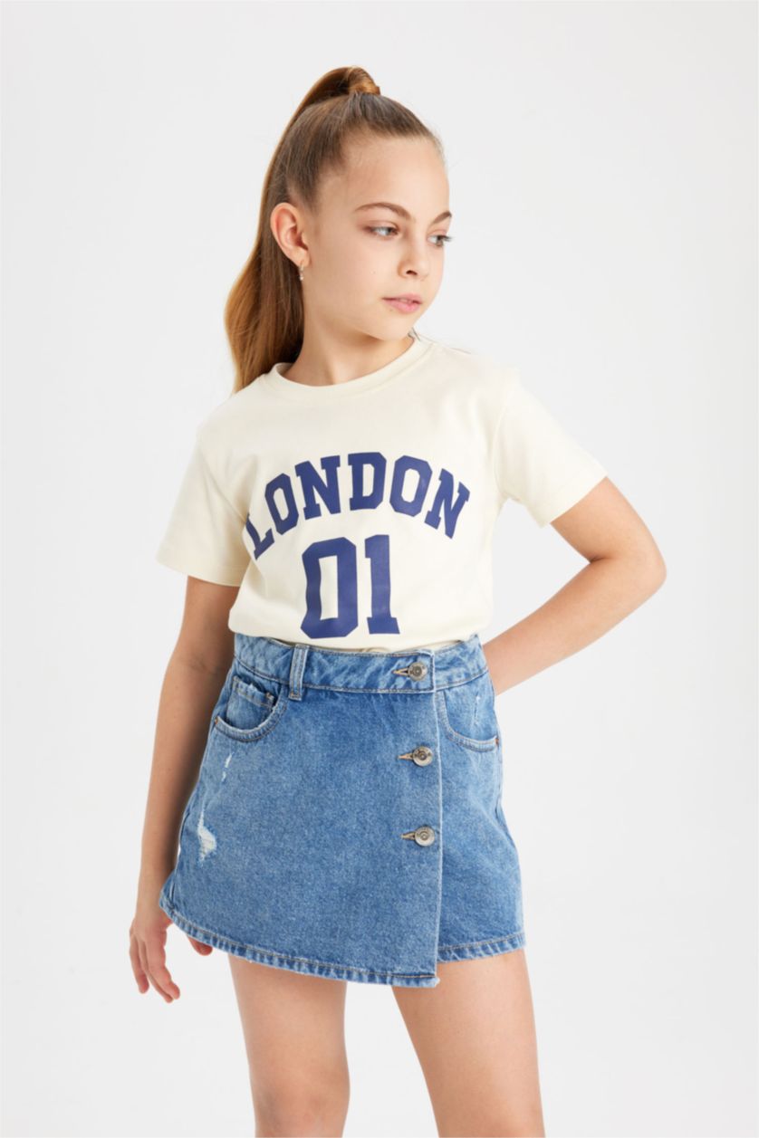 Kız Çocuk - Genç Kız Ekru Kız Çocuk Slim Fit Dar Kesim Bisiklet Yaka Fitilli Kaşkorse Baskılı Kısa Kollu Tişört