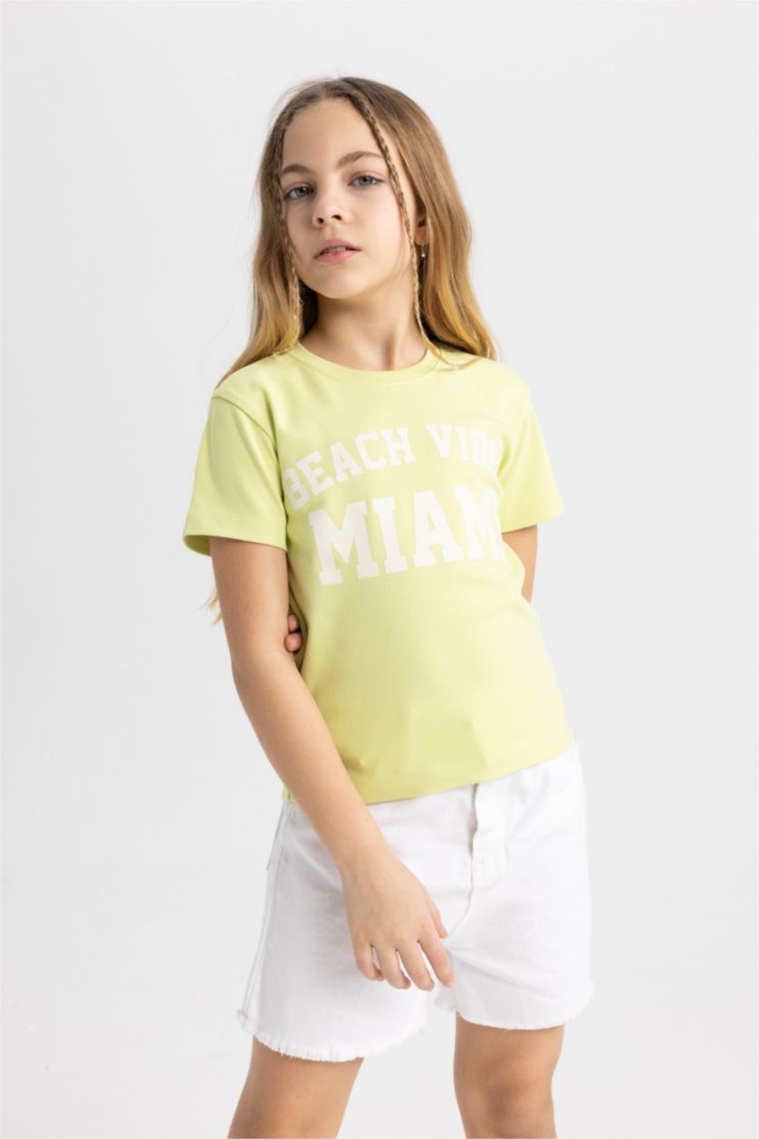 Kız Çocuk - Genç Kız Açık Yeşil Slim Fit Dar Kesim Bisiklet Yaka Baskılı Fitilli Kaşkorse Kısa Kollu Tişört Kız Çocuk