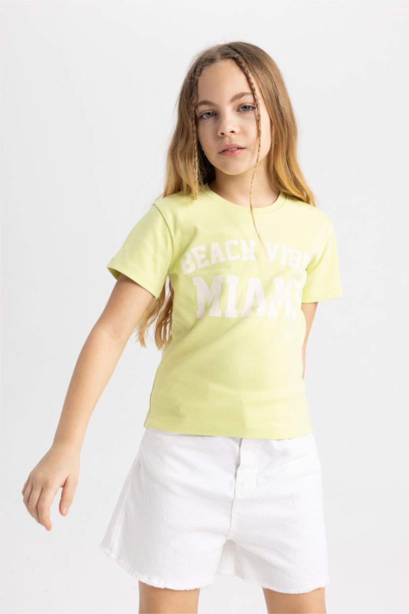 Kız Çocuk - Genç Kız Açık Yeşil Slim Fit Dar Kesim Bisiklet Yaka Baskılı Fitilli Kaşkorse Kısa Kollu Tişört Kız Çocuk